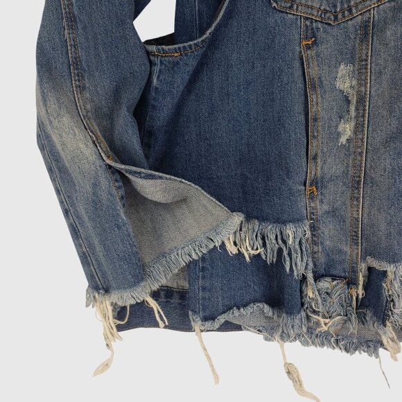 ZARA Distressed Denim Jacket With Frayed Hem & Rips Womens XS - Picture 6 of 14